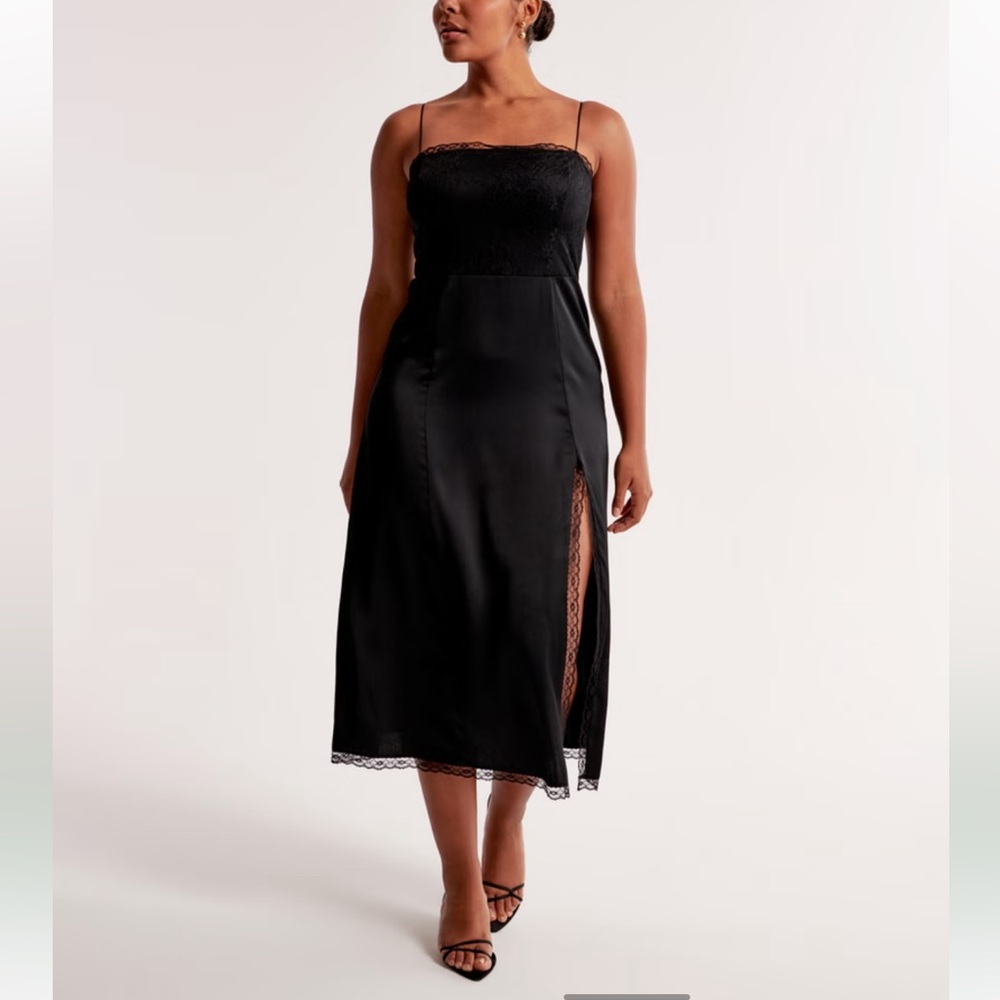 NWT Abercrombie Lace High-Slit Midi Dress | black satin slip dress Petite